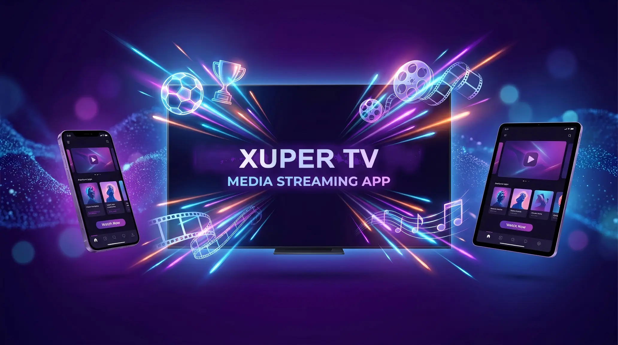 Xuper TV APK download page hero image showing Android app interface with download button and streaming features