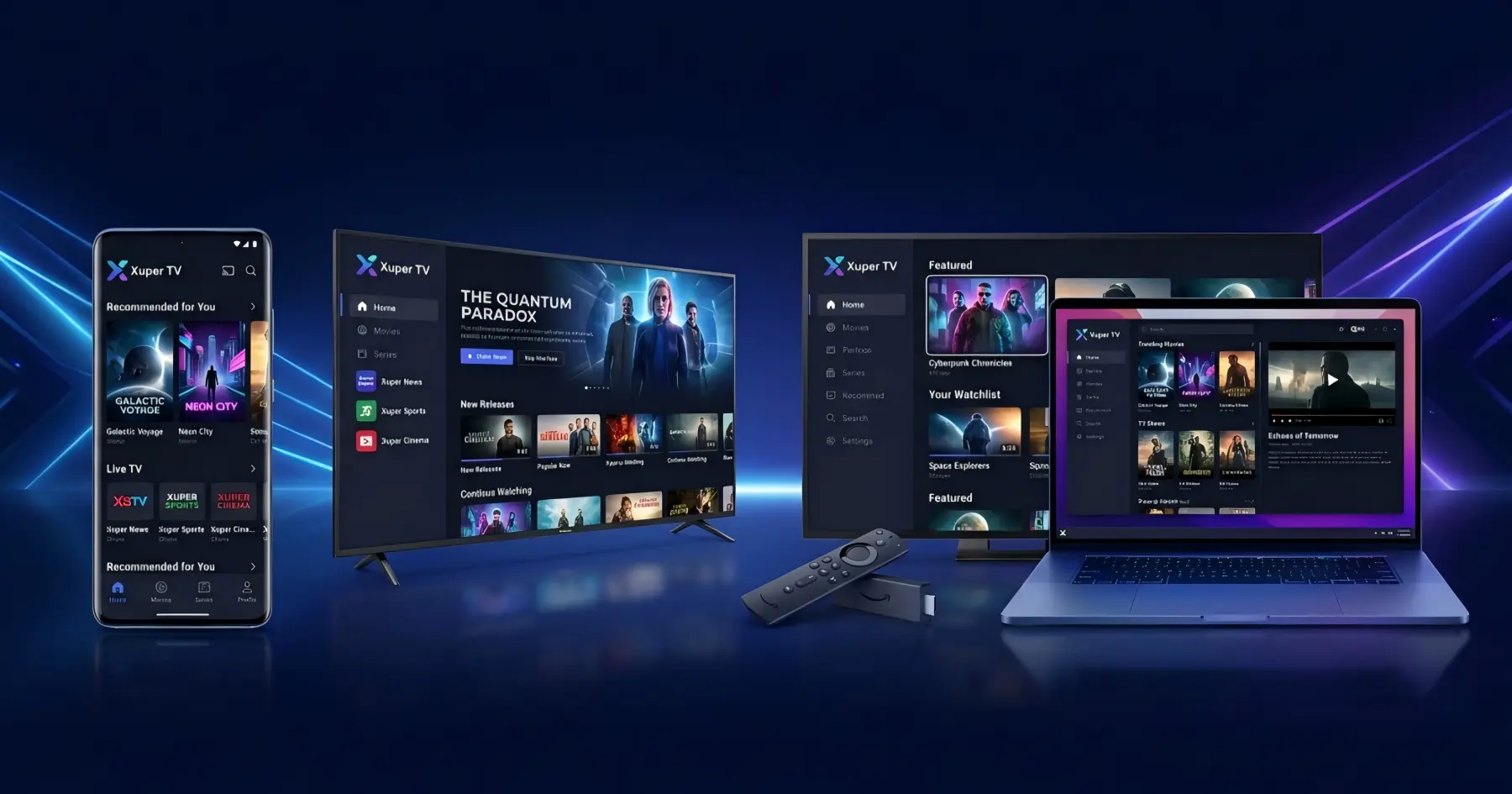 A multi-device mockup showing a sleek smartphone, a large flat-screen of Xuper TV, and a modern laptop, all displaying the same dark-mode cinematic streaming app interface, set in a highly stylized dark blue studio environment.