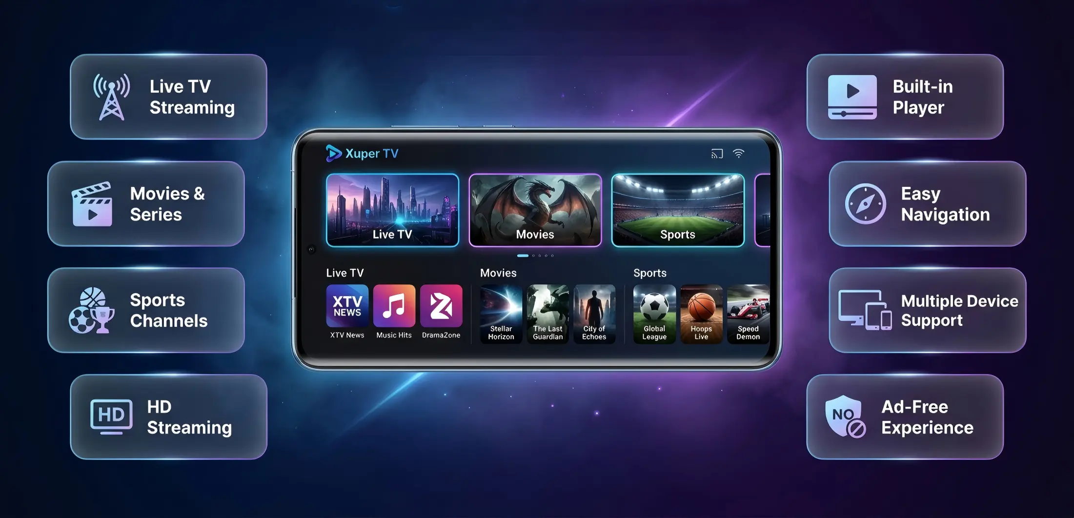 Xuper TV features image showing live TV streaming, movies, sports, HD quality, and multiple device support.