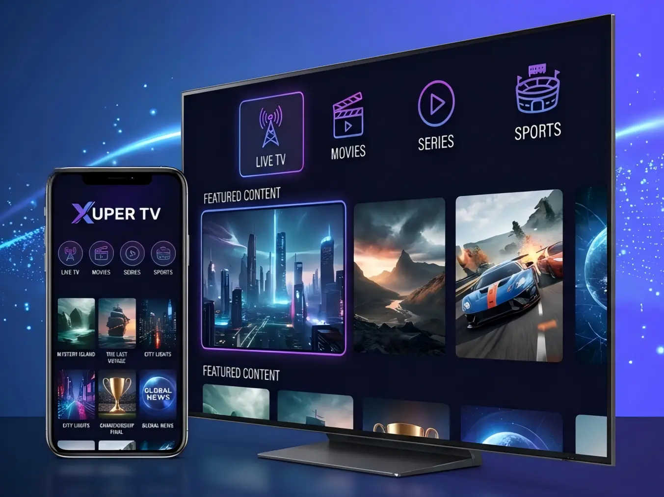 A sleek, modern Xuper TV interface displaying a dark mode cinematic media library with vibrant violet and teal accents, showcasing a grid of high-quality movie posters in a dimly lit, futuristic home theater setting.